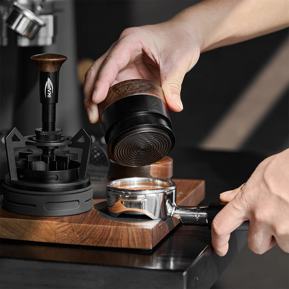 IKAPE V4 Espresso Calibrated Tamper with Spring Loaded (Wooden Handle, Black Base)