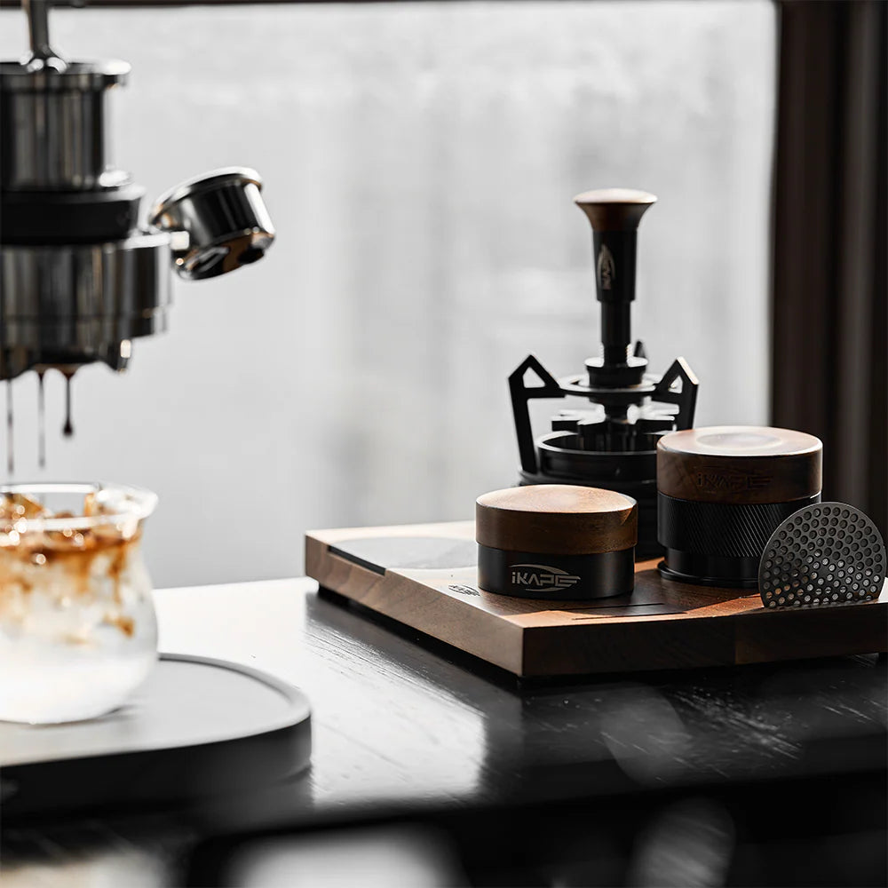 IKAPE V4 Espresso Calibrated Tamper with Spring Loaded (Wooden Handle, Black Base)