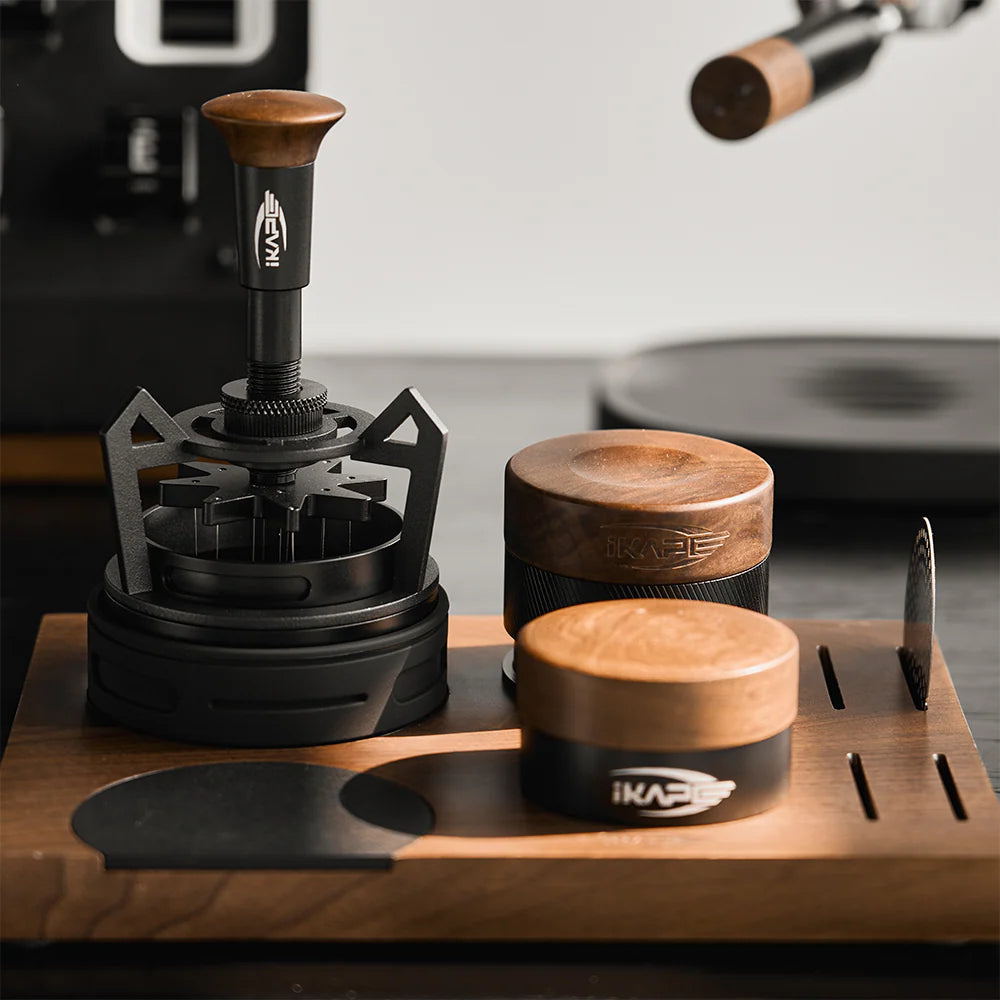 IKAPE V4 Espresso Calibrated Tamper with Spring Loaded (Wooden Handle, Black Base)